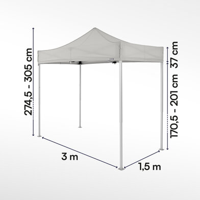 Gazebo pieghevole 3x1,5 ecotent grigio chiaro con misurazioni esatte larghezza, altezza totale, altezza passaggio e larghezza frontalino