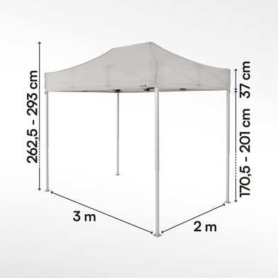 Gazebo pieghevole 3x2 ecotent grigio chiaro con misurazioni esatte larghezza, altezza totale, altezza passaggio e larghezza frontalino