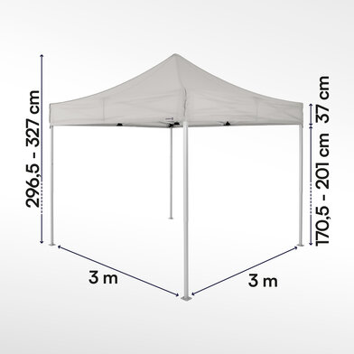 Gazebo pieghevole 3x3 serie e2 ecotent grigio chiaro con misurazioni esatte larghezza, altezza totale, altezza passaggio e larghezza frontalino