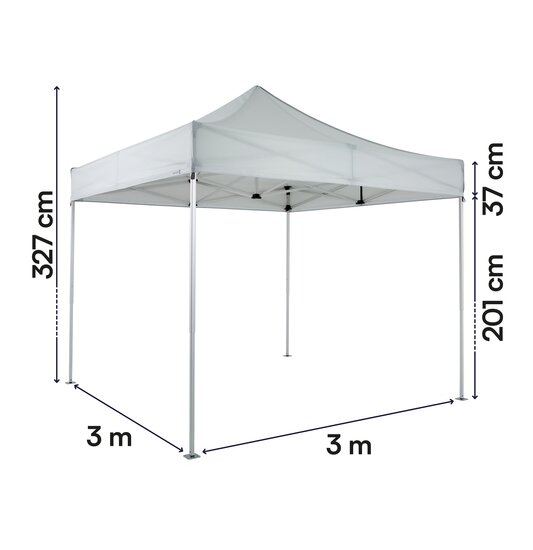 Gazebo pieghevole 3x3 serie e3 ecotent grigio chiaro con misurazioni esatte larghezza, altezza totale, altezza passaggio e larghezza frontalino