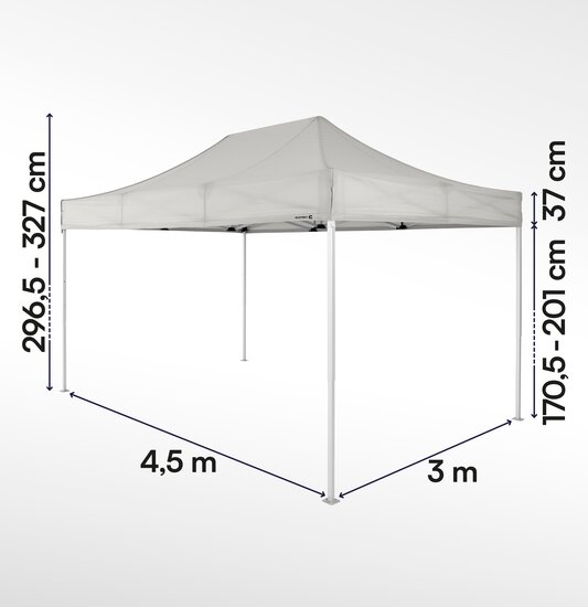 Gazebo pieghevole 3x4,5 ecotent serie e2 grigio chiaro con misurazioni esatte larghezza, altezza totale, altezza passaggio e larghezza frontalino