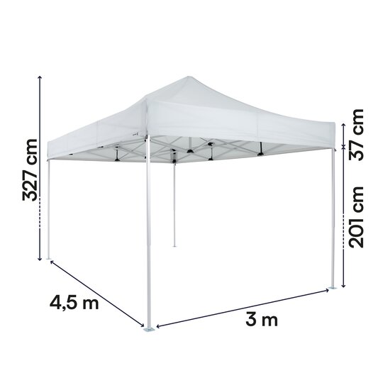 Gazebo pieghevole 3x4,5 ecotent serie e3 grigio chiaro con misurazioni esatte larghezza, altezza totale, altezza passaggio e larghezza frontalino