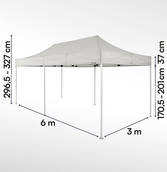 Gazebo pieghevole 6x3 ecotent serie e2 grigio chiaro con misurazioni esatte larghezza, altezza totale, altezza passaggio e larghezza frontalino