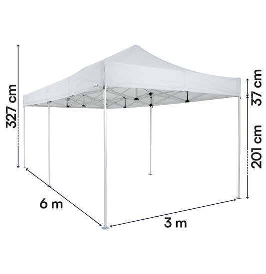 Gazebo pieghevole 6x3 ecotent serie e3 grigio chiaro con misurazioni esatte larghezza, altezza totale, altezza passaggio e larghezza frontalino