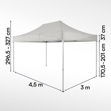 Gazebo pieghevole 3x4,5 ecotent serie e1 grigio chiaro con misurazioni esatte larghezza, altezza totale, altezza passaggio e larghezza frontalino