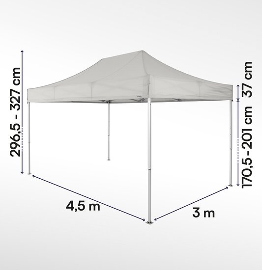 Gazebo pieghevole 3x4,5 ecotent serie e1 grigio chiaro con misurazioni esatte larghezza, altezza totale, altezza passaggio e larghezza frontalino