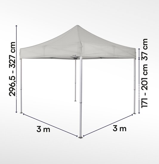 Gazebo pieghevole 3x3 serie e1 ecotent grigio chiaro con misurazioni esatte larghezza, altezza totale, altezza passaggio e larghezza frontalino