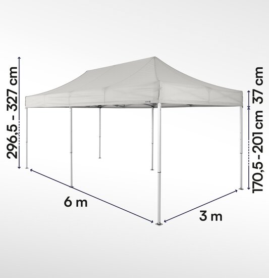 Gazebo pieghevole 6x3 serie e1 ecotent grigio chiaro con misurazioni esatte larghezza, altezza totale, altezza passaggio e larghezza frontalino