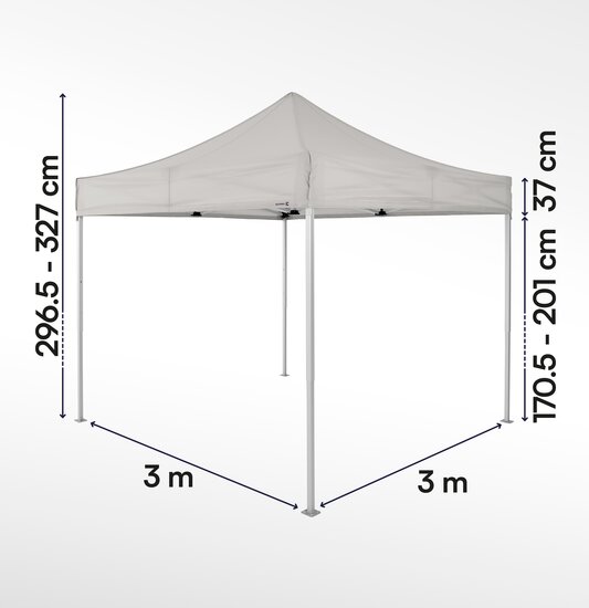 Gazebo pieghevole 3x3 serie e2 ecotent grigio chiaro con misurazioni esatte larghezza, altezza totale, altezza passaggio e larghezza frontalino