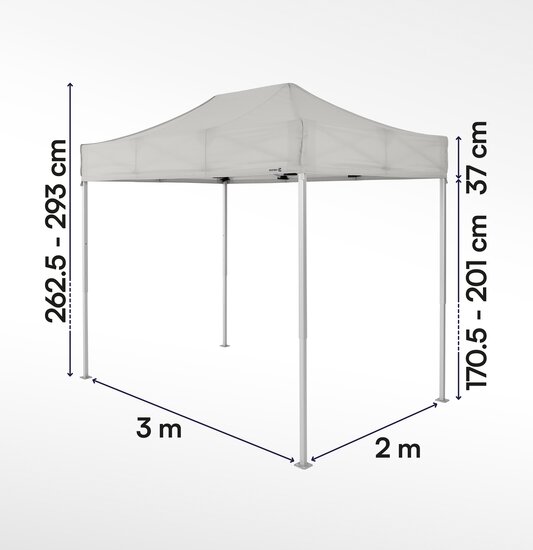 Gazebo pieghevole 3x2 ecotent grigio chiaro con misurazioni esatte larghezza, altezza totale, altezza passaggio e larghezza frontalino