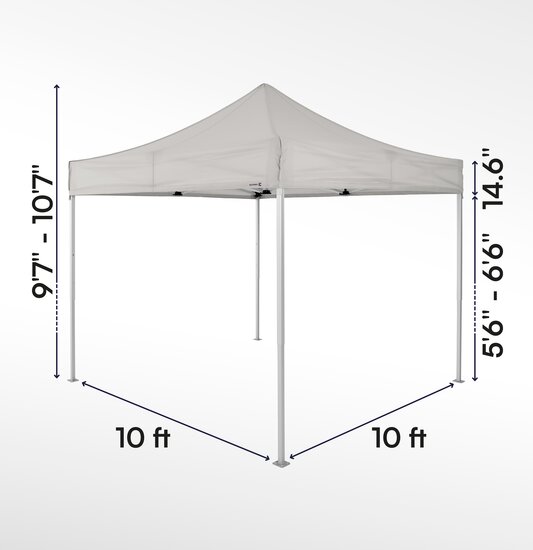 Gazebo pieghevole10x10 serie e2 ecotent grigio chiaro con misurazioni esatte larghezza, altezza totale, altezza passaggio e larghezza frontalino