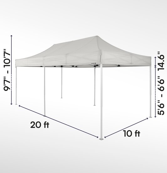 Gazebo pieghevole 20x10 serie e2 ecotent grigio chiaro con misurazioni esatte larghezza, altezza totale, altezza passaggio e larghezza frontalino