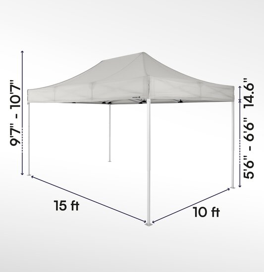 Gazebo pieghevole 15x10 serie e2 ecotent grigio chiaro con misurazioni esatte larghezza, altezza totale, altezza passaggio e larghezza frontalino