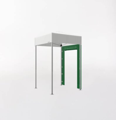 Gazebo pieghevole Ecotent 1,5x1,5m grigio chiaro con parete laterale con porta arrotolabile aperta verde